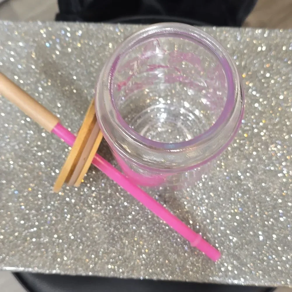 Dolly Parton Script‎ Butterfly Glass Jar w/Straw- Pink